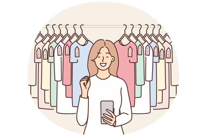 Tシャツが掛かったハンガーの近くに携帯電話を持つ女性は、セールと割引価格で服を買う機会を喜んでいる。  イラスト