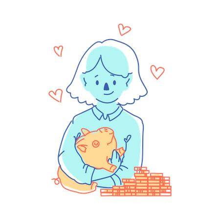 Woman with piggy bank and coins  Illustration