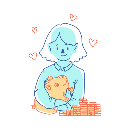 Woman with piggy bank and coins  Illustration