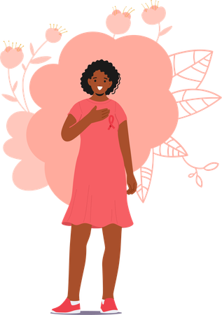 Woman with Pink Ribbon and Hand on her Breast Passionately Promotes Breast Cancer Awareness  Illustration