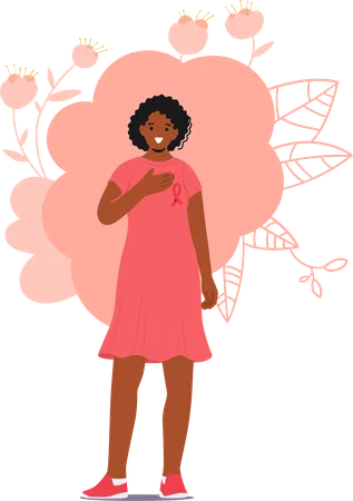 Black Female Character With Pink Ribbon And Hand On Her Breast Passionately Promotes Breast Cancer Awareness Raising Awareness About Prevention Early Detection And Support Vector Illustration Illustration