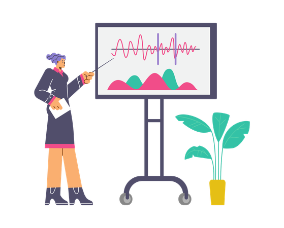 Woman with pointer presenting and explaining statistics  Illustration