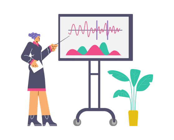 Woman with pointer presenting and explaining statistics  Illustration