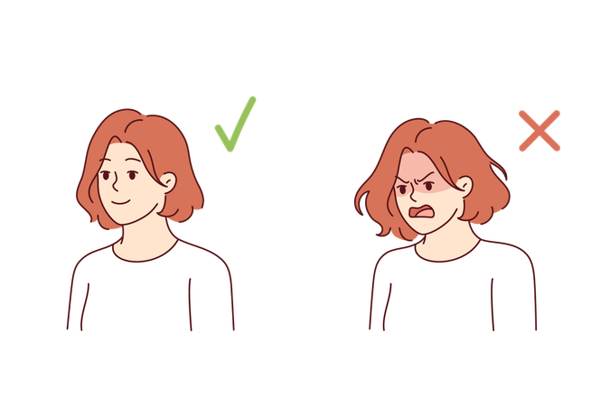 Woman with positive and negative grimace experiences sudden mood swings due to bipolar disorder  Illustration