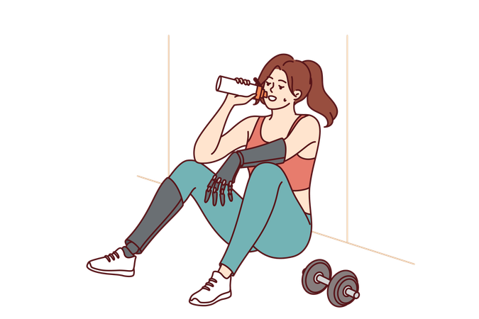 Woman with prosthetic arms and legs drinking water after workout  イラスト