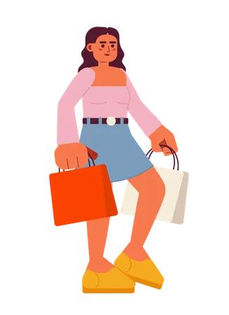 Attractive Positive Consumer Semi Flat Color Vector Character Woman With Purchases Shopping Editable Full Body Person On White Simple Cartoon Spot Illustration For Web Graphic Design イラスト