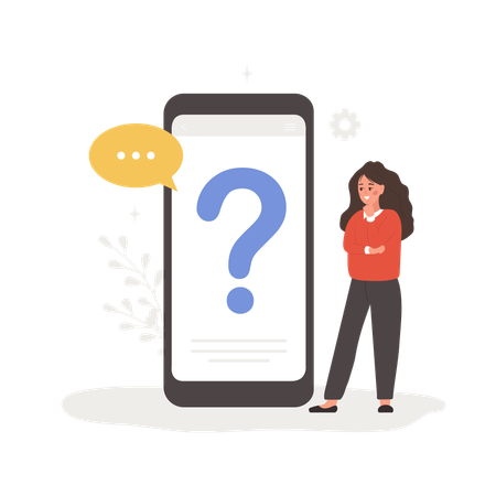 Woman with question mark on mobile phone screen  Illustration
