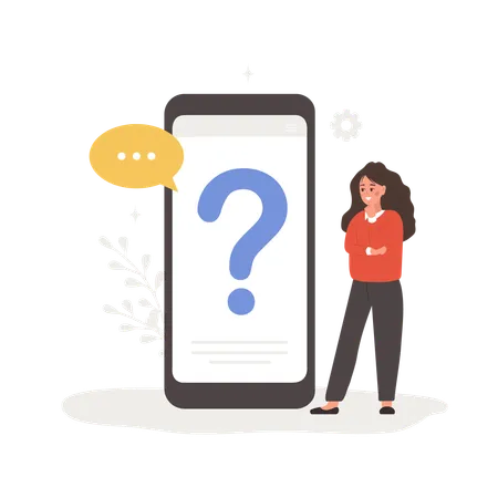 Woman with question mark on mobile phone screen  Illustration
