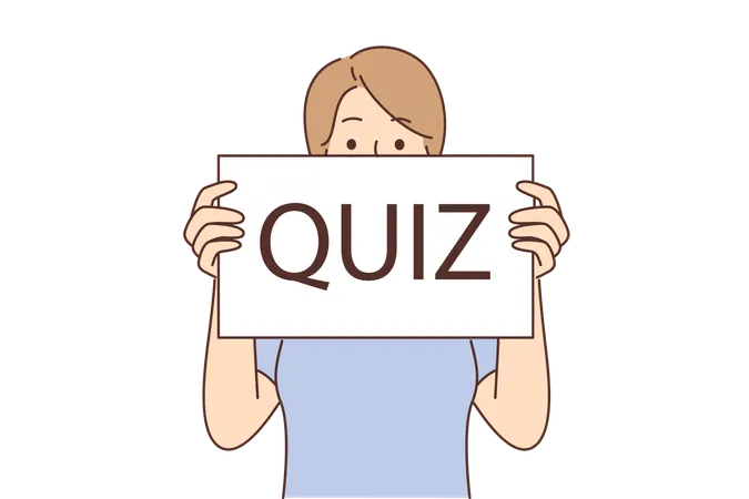 Woman Demonstrates Poster With Quiz Inscription And Offers To Play Logic Game To Have Good Time Shy Girl Invites You To Quiz Competition With Interesting Questions And Relaxed Atmosphere Illustration