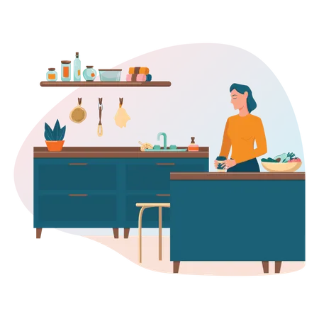 Zero Waste Kitchen Concept Woman Standing At The Kitchen Table With A Reusable Coffee Mug Eco Friendly Supplies For Cooking And Eating Isolated Vector Illustration Illustration