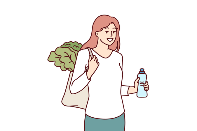 Woman with reusable eco shopping bag and recycled plastic bottle returns from farmer market  Illustration