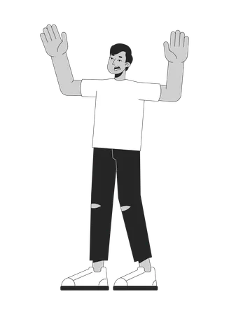 Shocked Frustrated Indian Man Holding Hands Up Black And White 2 D Line Cartoon Character Wow Astonished South Asian Guy Isolated Vector Outline Person Scared Monochromatic Flat Spot Illustration Illustration