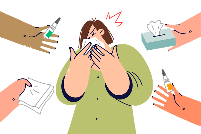 Woman with runny nose uses handkerchief  Illustration