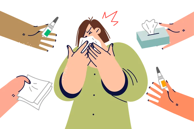 Woman With Runny Nose Uses Handkerchief To Wipe Away Snot Standing Near Hands Offering Medicine Or Paper Napkins Girl Suffers From Allergy That Causes Runny Nose And Irritation Of Nasal Mucosa Illustration