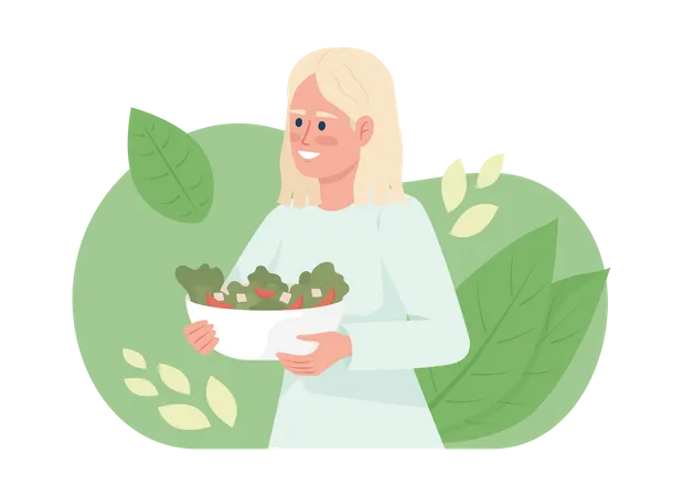 Eating Nutritious Breakfast 2 D Vector Isolated Illustration Happy Blond Young Woman With Salad Bowl Flat Character On Cartoon Background Colorful Editable Scene For Mobile Website Presentation Illustration