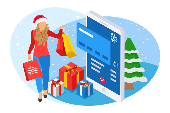 Woman with Santa hat holding shopping bags in her hand as Christmas shopping sale  Illustration