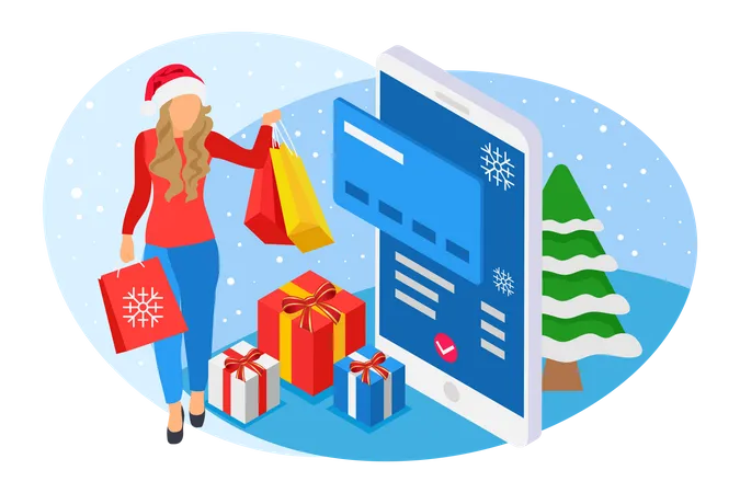 Woman with Santa hat holding shopping bags in her hand as Christmas shopping sale  Illustration