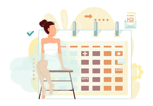 Time Tracking And Time Management Concept Giant Schedule With Notes Calendar With Signs On Background Lady Is Sitting In White Dress Woman Is Taking Steam Bath Having Rest Relaxing Near Schedule Illustration