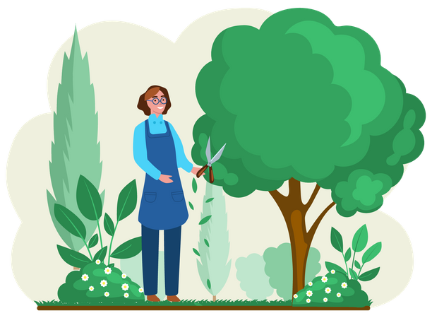Woman with scissors cuts big green tree and shrub  Illustration