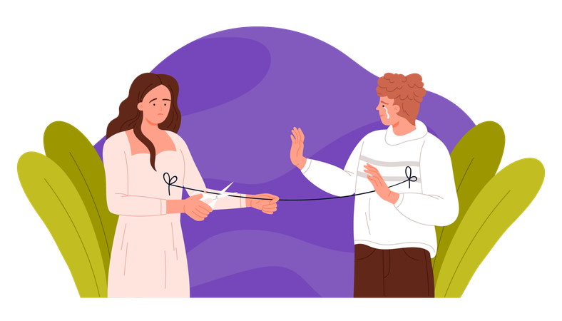 Woman with scissors cutting rope shows divorce  Illustration