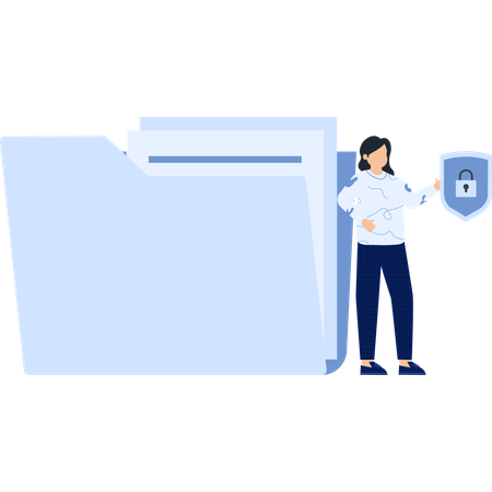 Woman with Shield and Folder Digital Protection Secure Files  Illustration