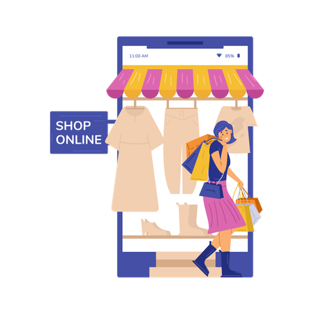 Woman with shop bags next to smartphone  Illustration