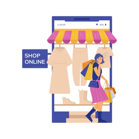 Woman with shop bags next to smartphone  Illustration