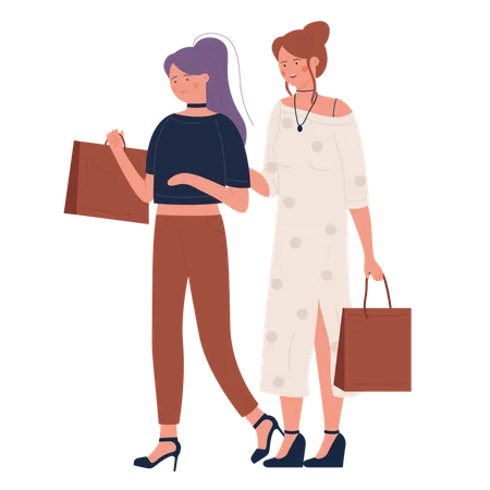 Woman Shoppingflat Vector Illustration Cartoon Happy Young Beautiful Fashionable Girl Friend Characters With Shopper Bags Walking Next To Clothing Stores Shopwindows Fashion Shop Sales Background Illustration