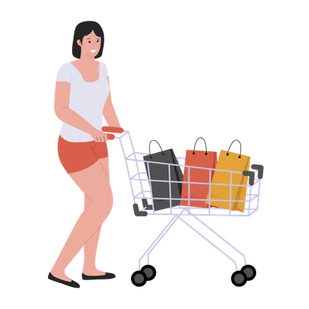 Women People Shopping With Trolley Sale Offer Joyful Guy And Girl Flat Vector Illustration Isolated On White Background Illustration