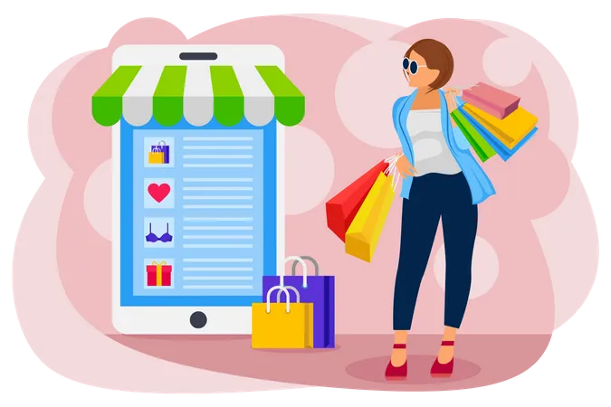 Woman with shopping bag standing near mobile shop Illustration
