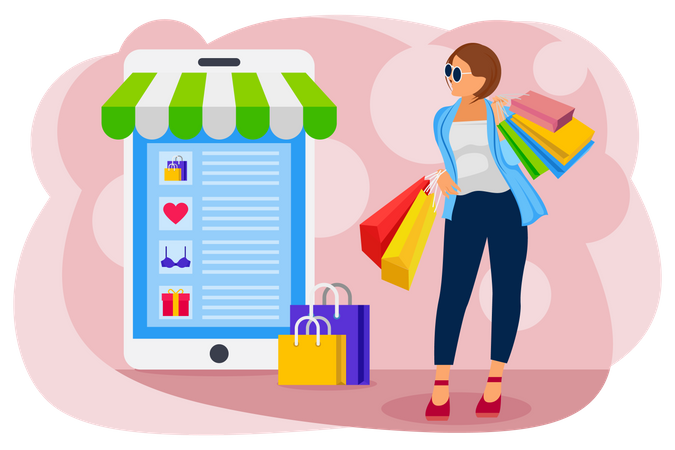 Woman with shopping bag standing near mobile shop  Illustration