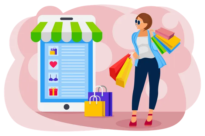 Woman with shopping bag standing near mobile shop  Illustration