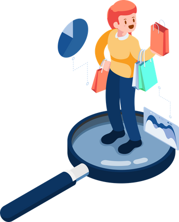 Woman with Shopping Bag Standing on Magnifying Glass Illustration