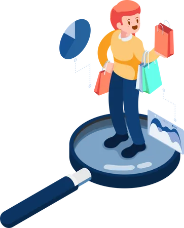 Woman with Shopping Bag Standing on Magnifying Glass  イラスト