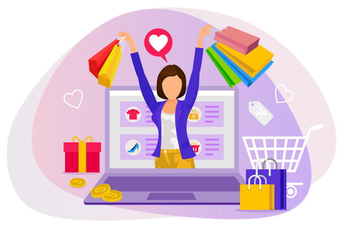 Woman with shopping bags in her hand doing online shopping  Illustration