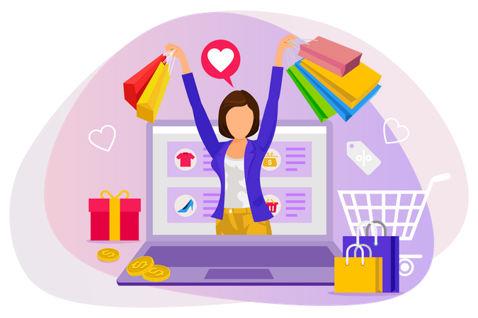 Woman with shopping bags in her hand doing online shopping Illustration