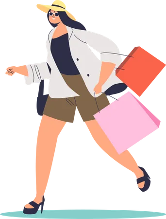 Woman with shopping bags running Illustration