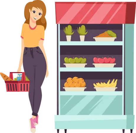 Woman with Shopping Basket  Illustration