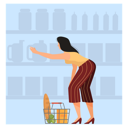 Woman with shopping basket choosing a groceries in supermarket  Illustration
