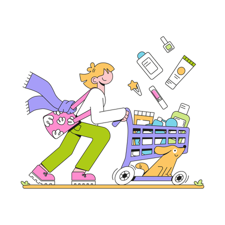 Woman With Shopping Basket Full  Illustration