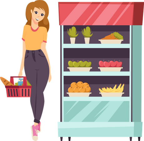 Woman with Shopping Basket  Illustration