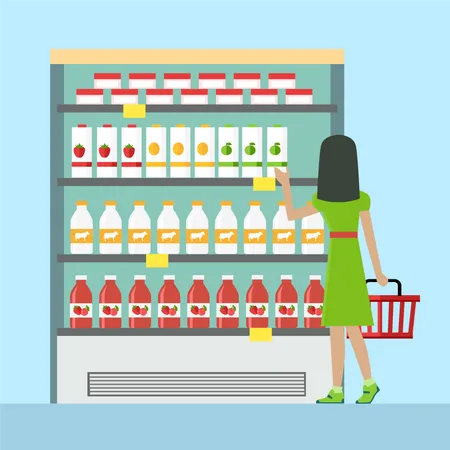 Woman With Shopping Basket In Supermarket Woman In Green Dress Woman Shopping Supermarket Shopping Marketing People Market Shop Interior Customer In Mall Retail Store Illustration In Flat Illustration