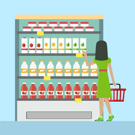 Woman with shopping basket in supermarket  Illustration