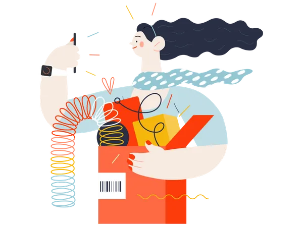 Discounts Sale Promotion Online Shopping Modern Flat Vector Concept Illustration Of A Young Woman Holding A Box Full Of Goods Delivery And Online Orders Concept Illustration