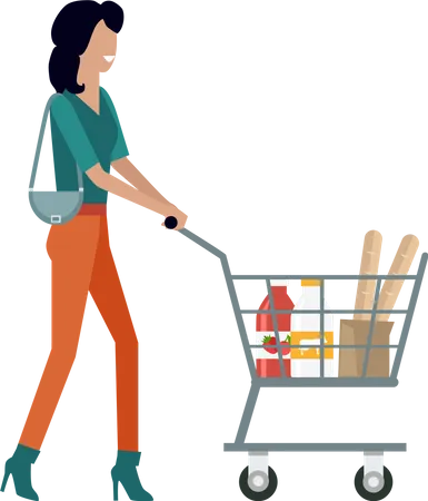 Woman With Shopping Cart In Flat Smiling Woman In Brown Pants And Green Blouse Woman Daily Shopping Supermarket Shopping Customer In Mall Retail Store Isolated Illustration On White Background Illustration