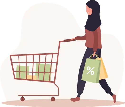 Woman Shopping Happy Arab Girl With Cart And Bags Vector Cartoon Illustration Isolated On White Background Promotion And Sale Template Illustration