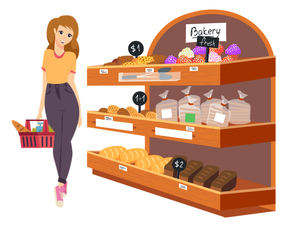 Woman with shopping cart chooses pastries at grocery store  Illustration