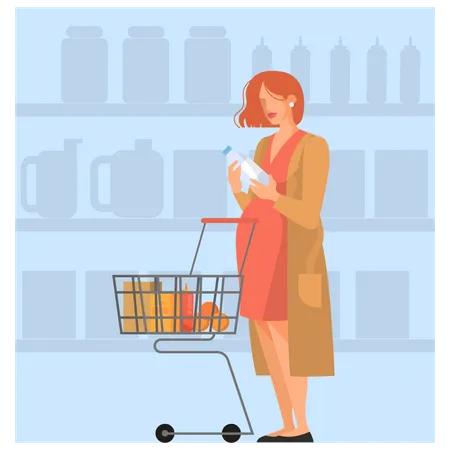Woman with shopping cart choosing groceries in supermarket Illustration