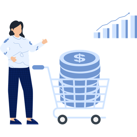Woman with Shopping Cart Full of Coins and Rising Graph  Illustration