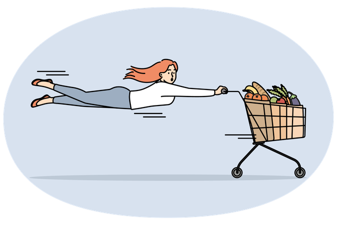 Woman with shopping cart full of groceries  Illustration